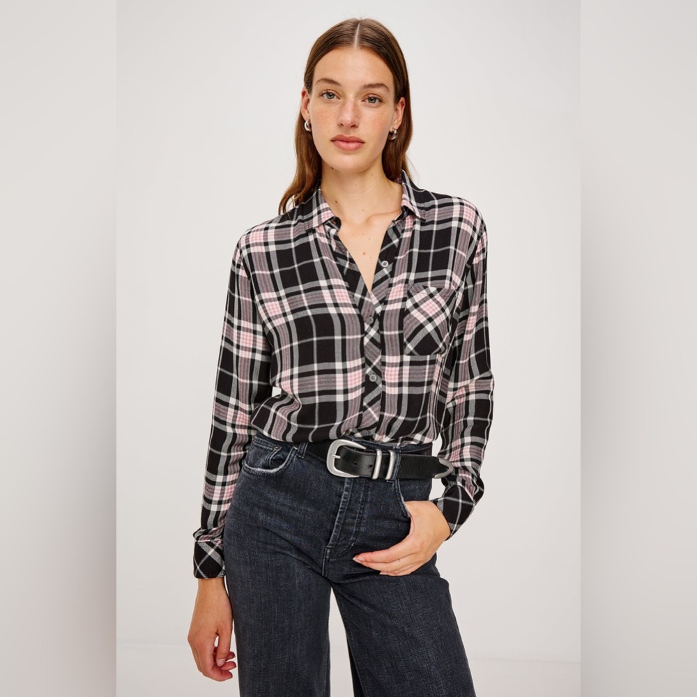Rails Hunter Shirt in Onyx Rose Gold Lurex M Medium Black Pink Plaid Long Sleeve